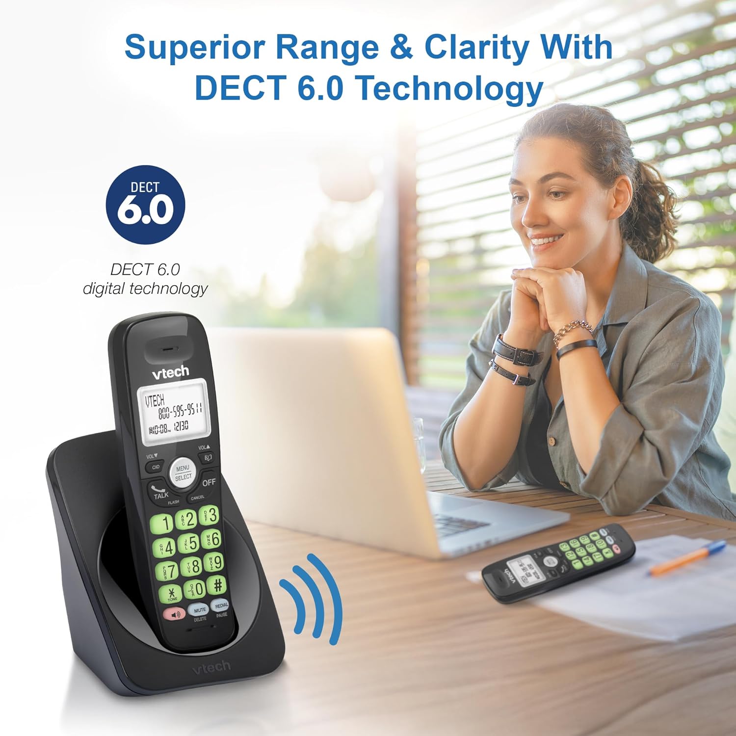 [New] VTech VG131-11 DECT 6.0 Cordless Phone - Bluetooth Connection, Blue-White Display, Big Buttons, Full Duplex, Caller ID, Easy Wall Mount, 1000ft Range (Black)