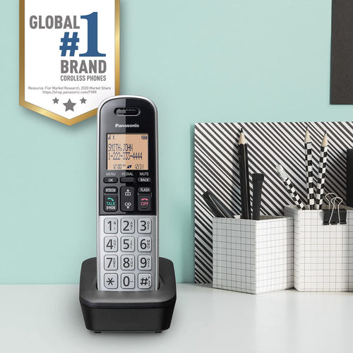 Panasonic Compact Cordless Phone with DECT 6.0, 1.6" Amber LCD and Illuminated HS Keypad, Call Block, Caller ID, Multiple Display Languages - 1 Handset - KX-TGB810S (Black/Silver)