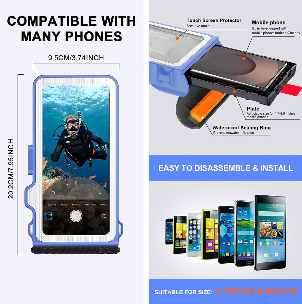 2025 Professiona Waterproof Phone Case, Outdoor Diving Snorkeling Swimming Surfing Underwater Touch Screen Housing Cover for iPhone 16 Pro Max Samsung S25 Ultra No More Than 6.9 Inch (Blue Silver)
