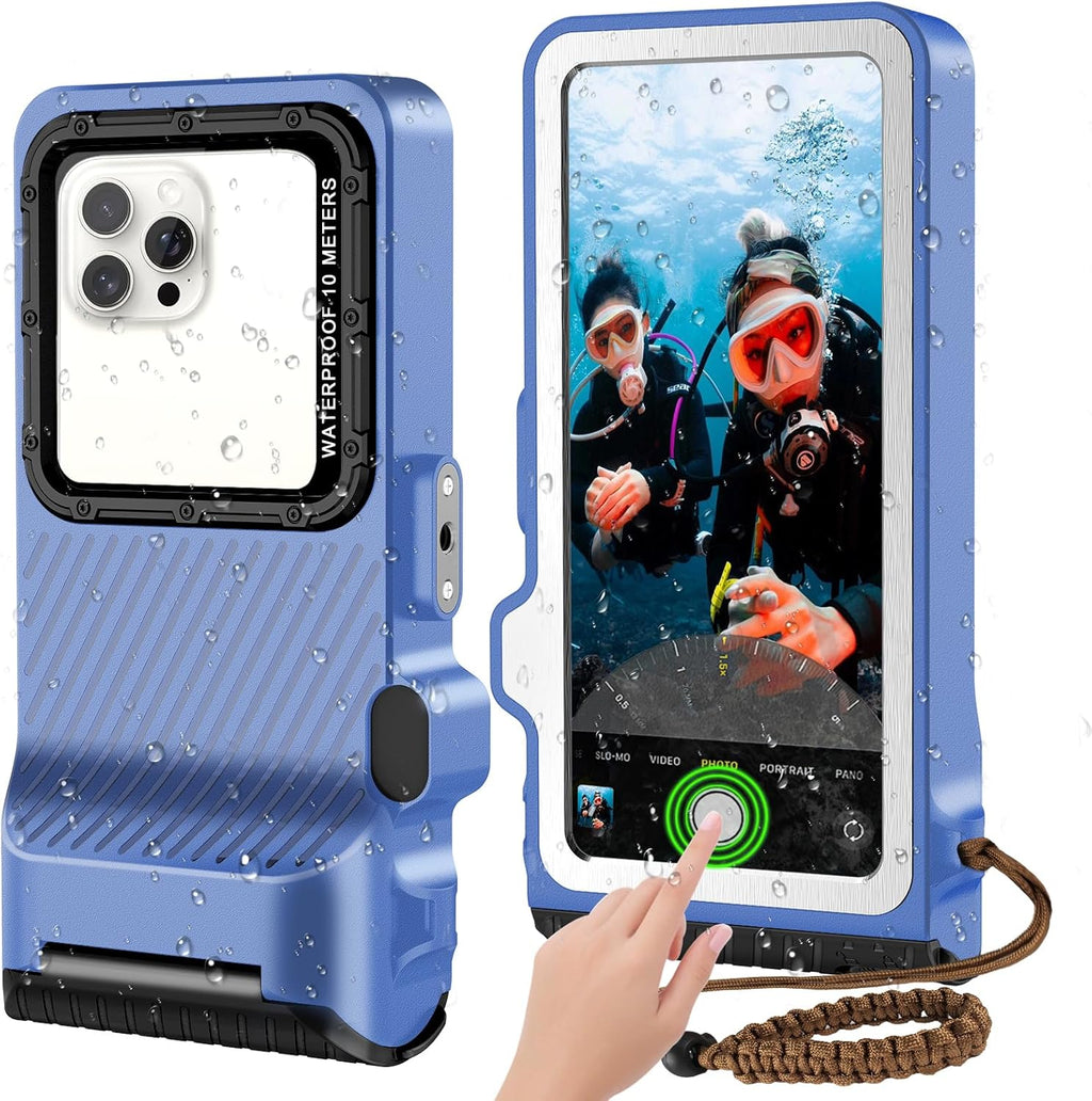 2025 Professiona Waterproof Phone Case, Outdoor Diving Snorkeling Swimming Surfing Underwater Touch Screen Housing Cover for iPhone 16 Pro Max Samsung S25 Ultra No More Than 6.9 Inch (Blue Silver)
